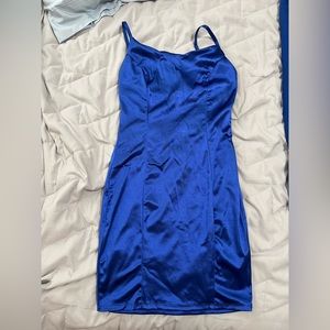 Blue satin body con dress